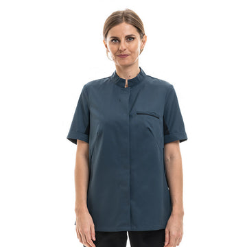 Veste Cuisine Femme Manche Courte Bleu Océan Liseré Noir Escale -