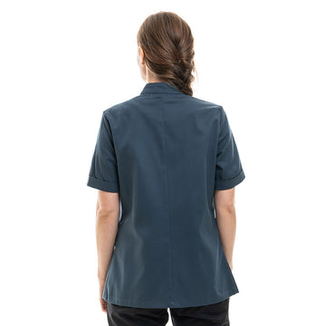 dos Veste Cuisine Femme Manche Courte Bleu Océan Liseré Noir