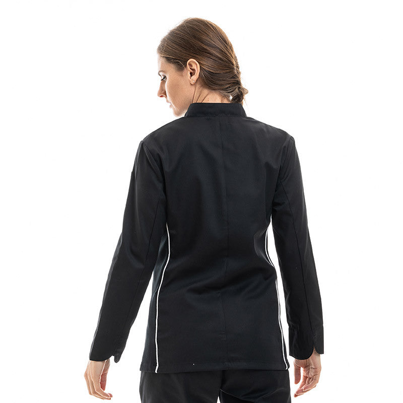 dos Veste de Cuisine Femme Noire Liseré Blanc