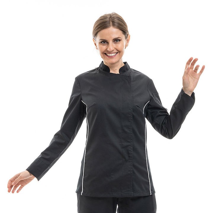 Veste de Cuisine Femme Noire Liseré Blanc Aération Côté - MANELLI