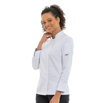 Veste de Cuisine Femme Blanche Liseré Bleu Marine - MANELLI