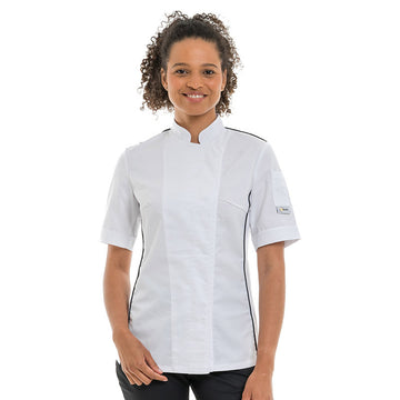 Veste de cuisine femme blanche liseré noir aération côté manches courtes Manelli