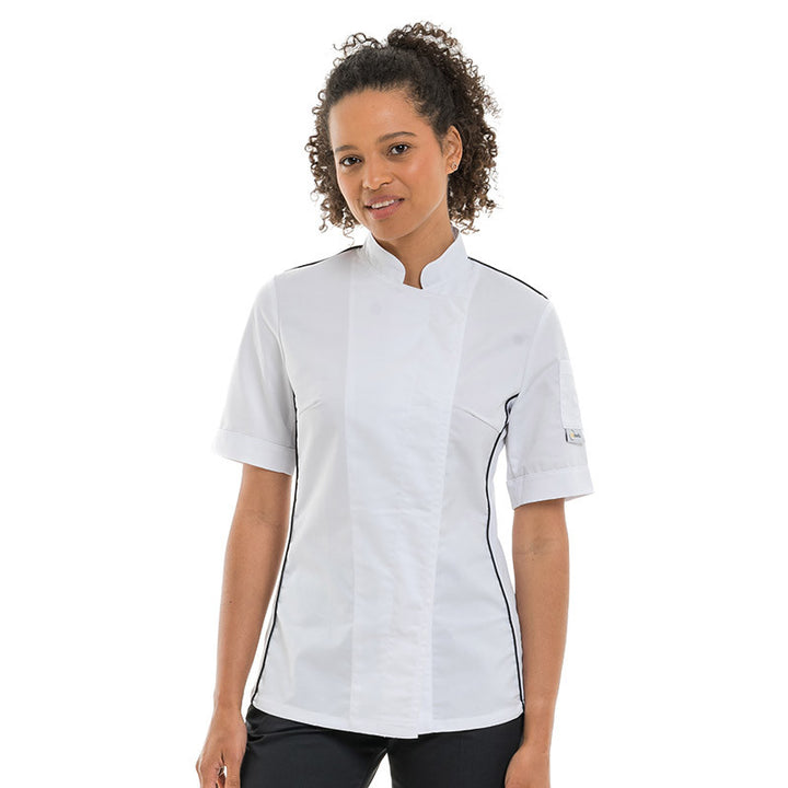 Veste de cuisine femme blanche liseré noir aération côté manches courtes Manelli