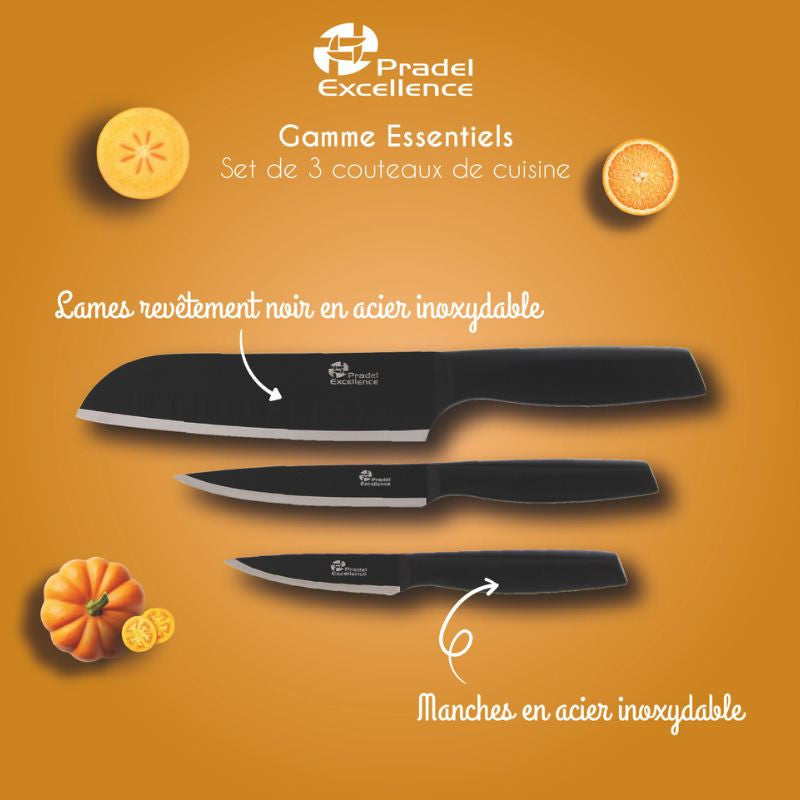Set 3 Couteaux de Cuisine Lame Noire - PRADEL