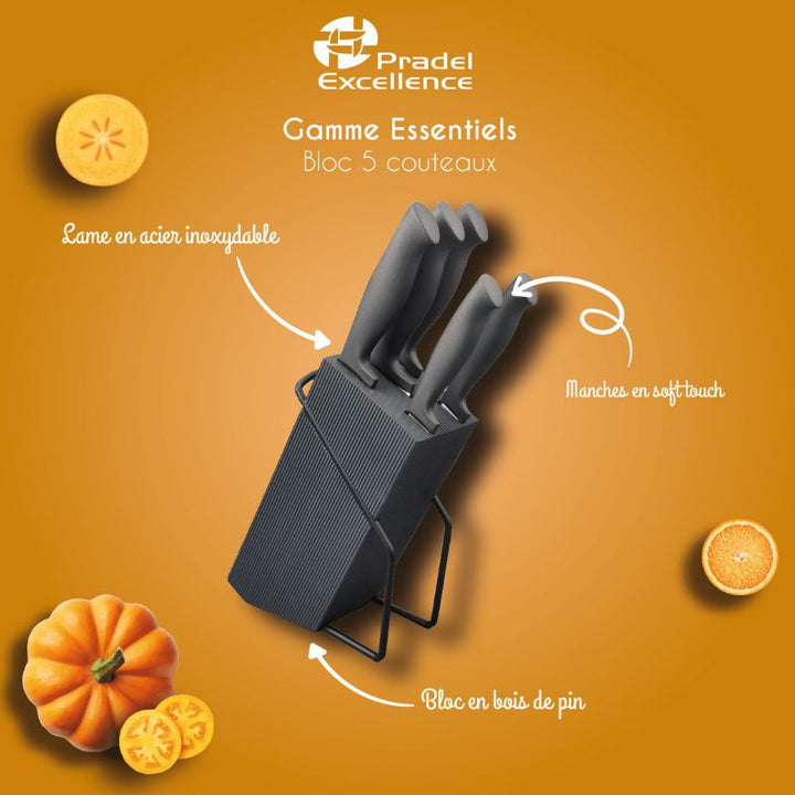 Bloc Couteaux 6 Pièces Manche Soft Gris Essentiels - PRADEL