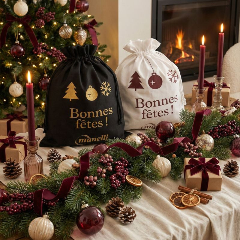 Sac de Noël 100 % Coton Noir ou Beige - MANELLI