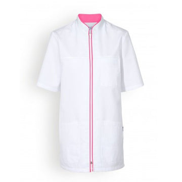 Blouse medicale blanche liseré rose femme manches courtes