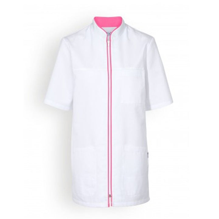 Blouse medicale blanche liseré rose femme manches courtes