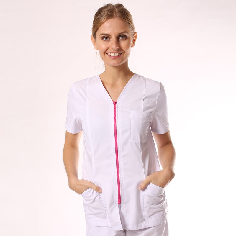 Blouse medicale blanche et rose manches courtes promo confortable pas cher