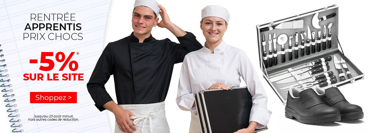 Rentrée des Classes : -5% sur le site ! Choisissez le pack apprenti qu'il vous faut :Cuisine, Service, Santé & BTP, Manelli habille tous les métiers !