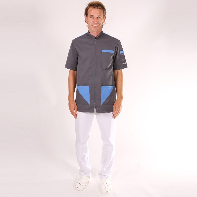 Blouse médicale homme Gris Bleu Sacha  manche courte promotion confortable pas cher