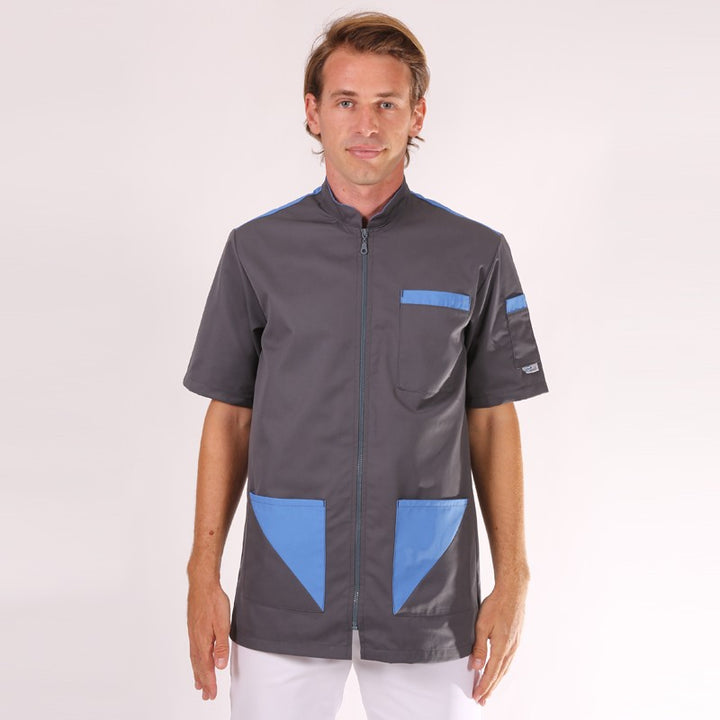 Blouse médicale homme Gris Bleu Sacha manches courtes promotions confortables pas cher