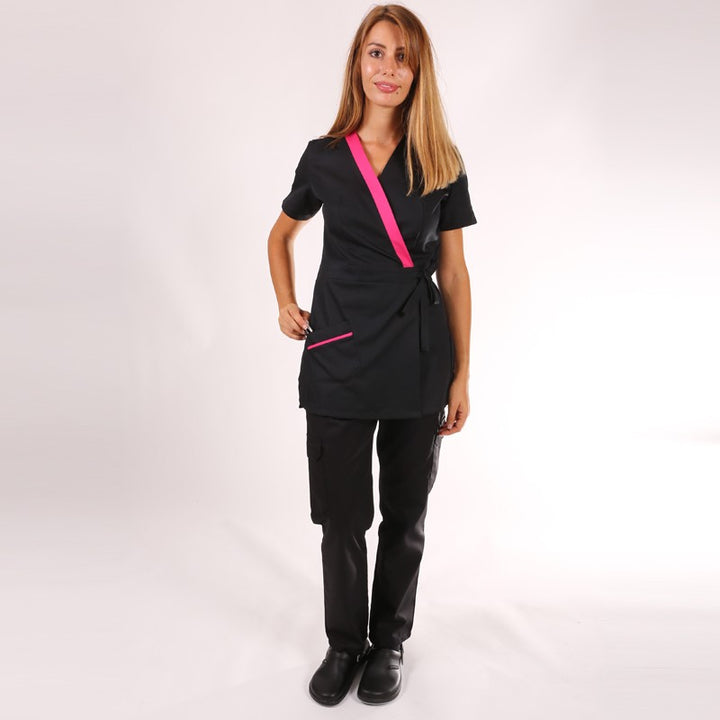 Blouse esthéticienne cache-cœur noire et rose Inès 