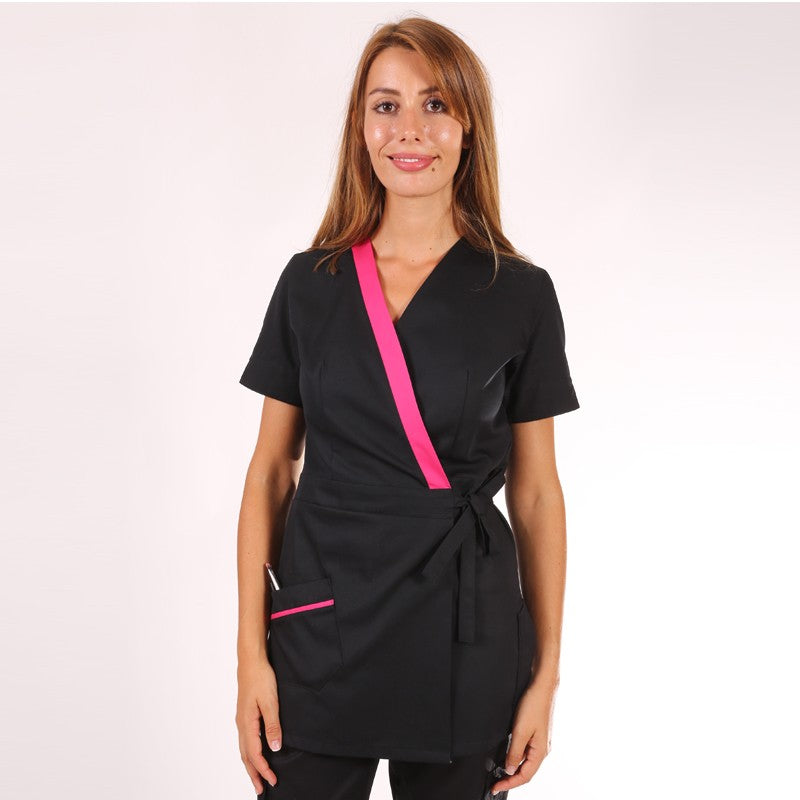 Blouse esthéticienne cache-cœur noire et rose Inès 