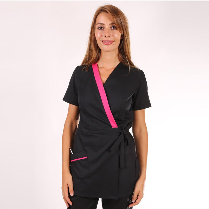 Blouse esthéticienne cache-cœur noire et rose Inès 