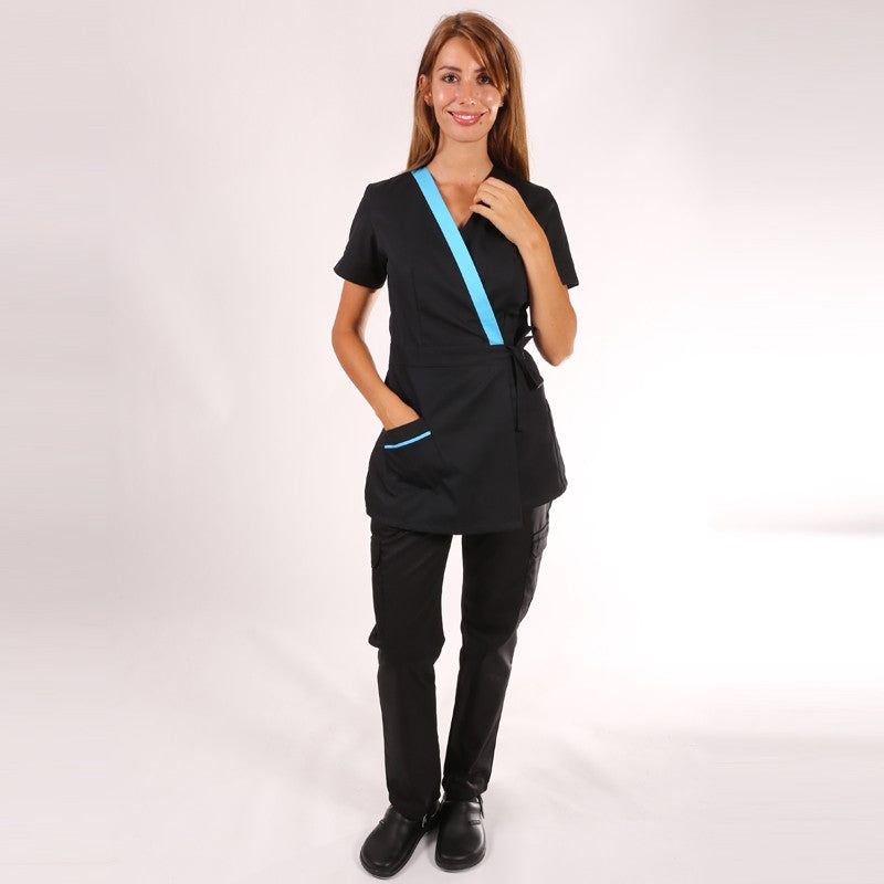 Blouse esthéticienne cache-cœur noire et bleue Inès 