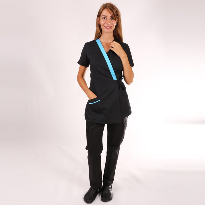 Blouse esthéticienne cache-cœur noire et bleue Inès 