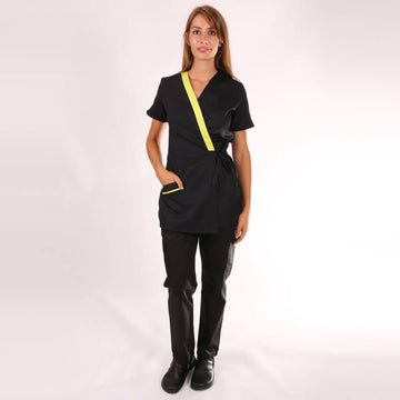 Blouse esthéticienne cache-cœur noire et vert anis Inès 