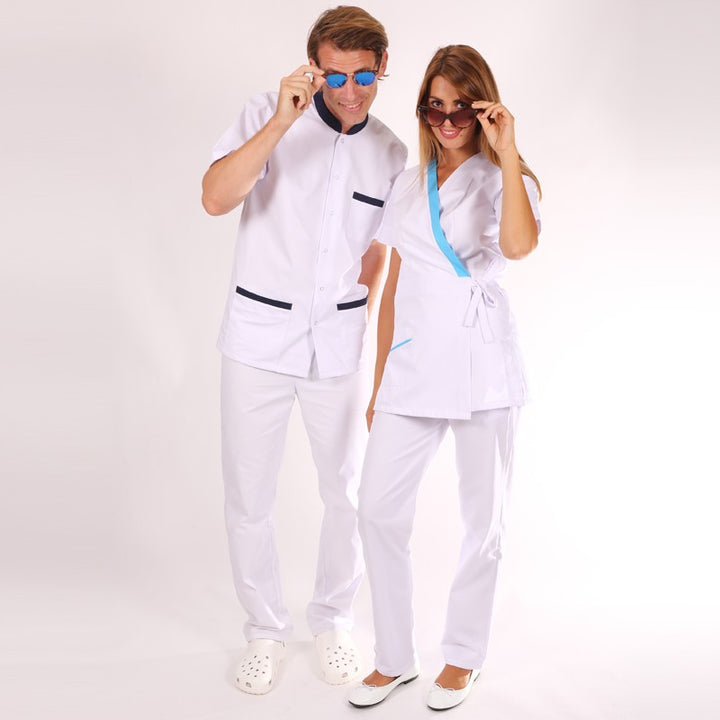 Blouse estheticienne blanche et bleue Inès