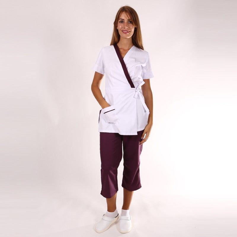 Blouse de travail cache-cœur blanche et Bordeaux Inès