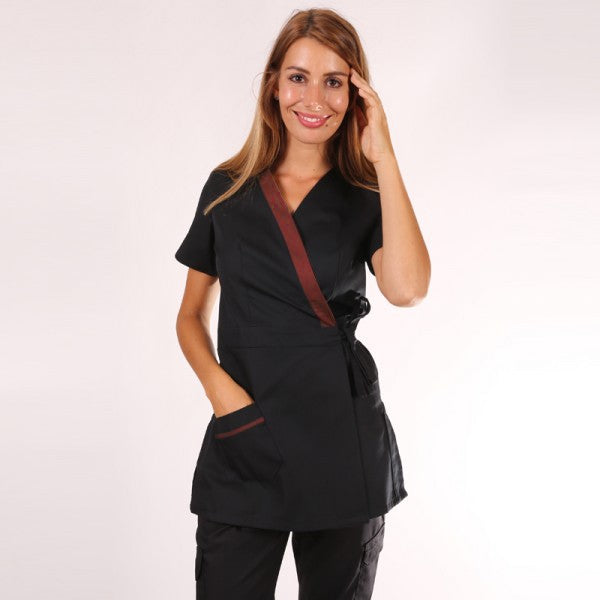 Blouse esthéticienne cache-cœur noire et bordeaux Inès 