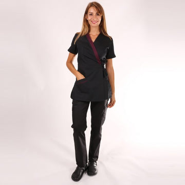 Blouse esthéticienne cache-cœur noire et prune