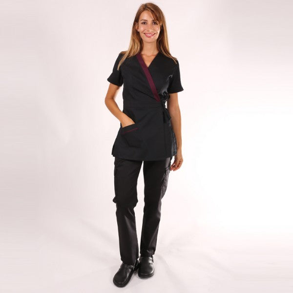 Blouse esthéticienne cache-cœur noire et prune