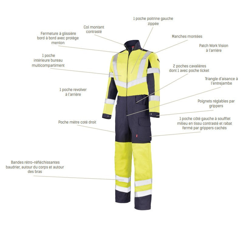 fiche technique combinaison de travail marine et fluo