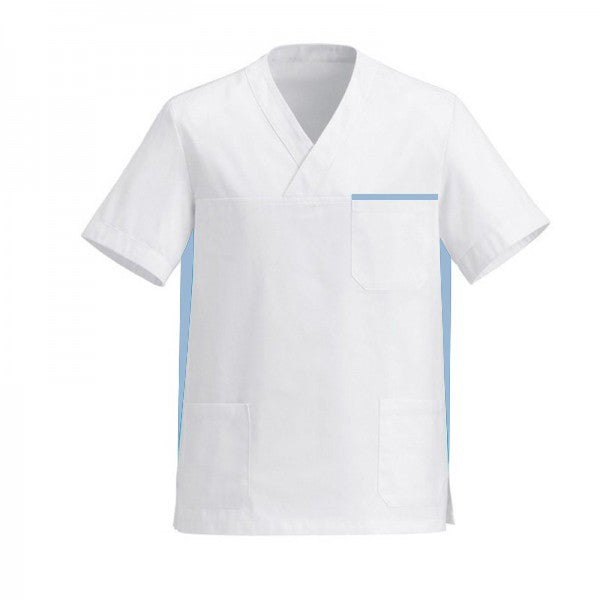 Blouse médicale mixte blanc et bleu ciel pas cher promo manche courte