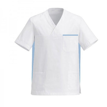 Blouse médicale mixte blanc et bleu ciel pas cher promo manche courte
