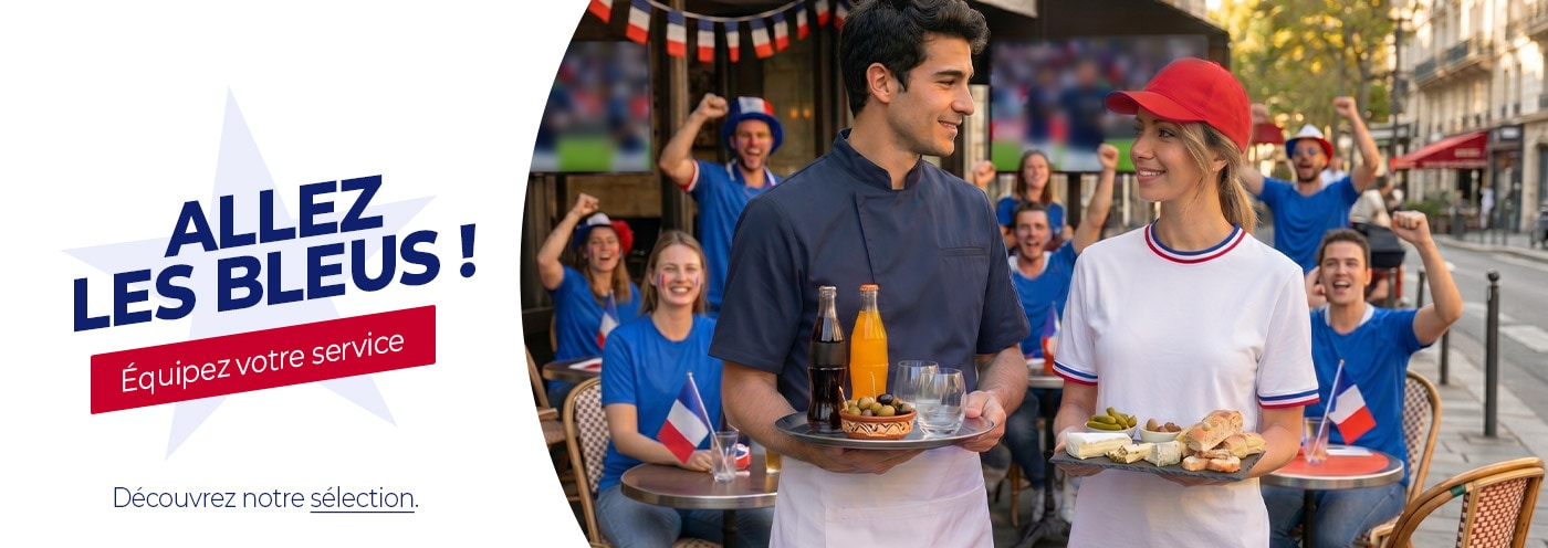 Allez les bleus ! Équipez votre service de restauration avec notre sélection de vêtement pros bleu blanc rouge pour réussir les rush en terrasse comme des champions !