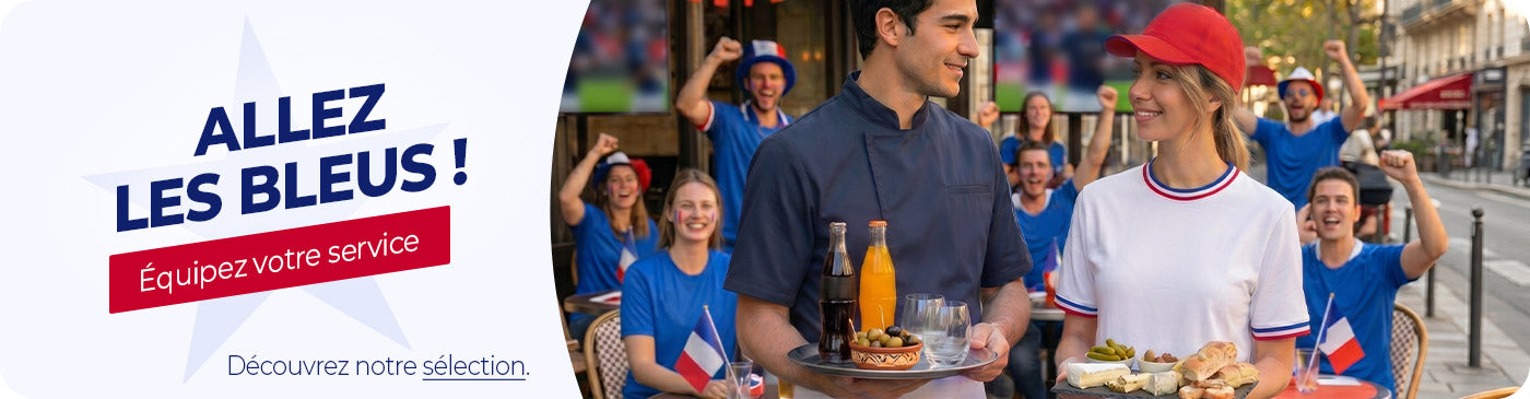 Allez les bleus ! Équipez votre service de restauration avec notre sélection de vêtement pros bleu blanc rouge pour réussir les rush en terrasse comme des champions !
