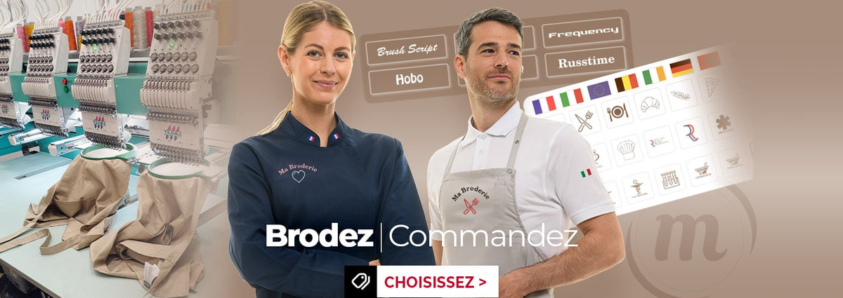 Commandez votre vêtement personnalisé sur manelli.fr : Vestes de cuisine, tabliers, polos. Choisissez votre police, couleur ou votre motif !