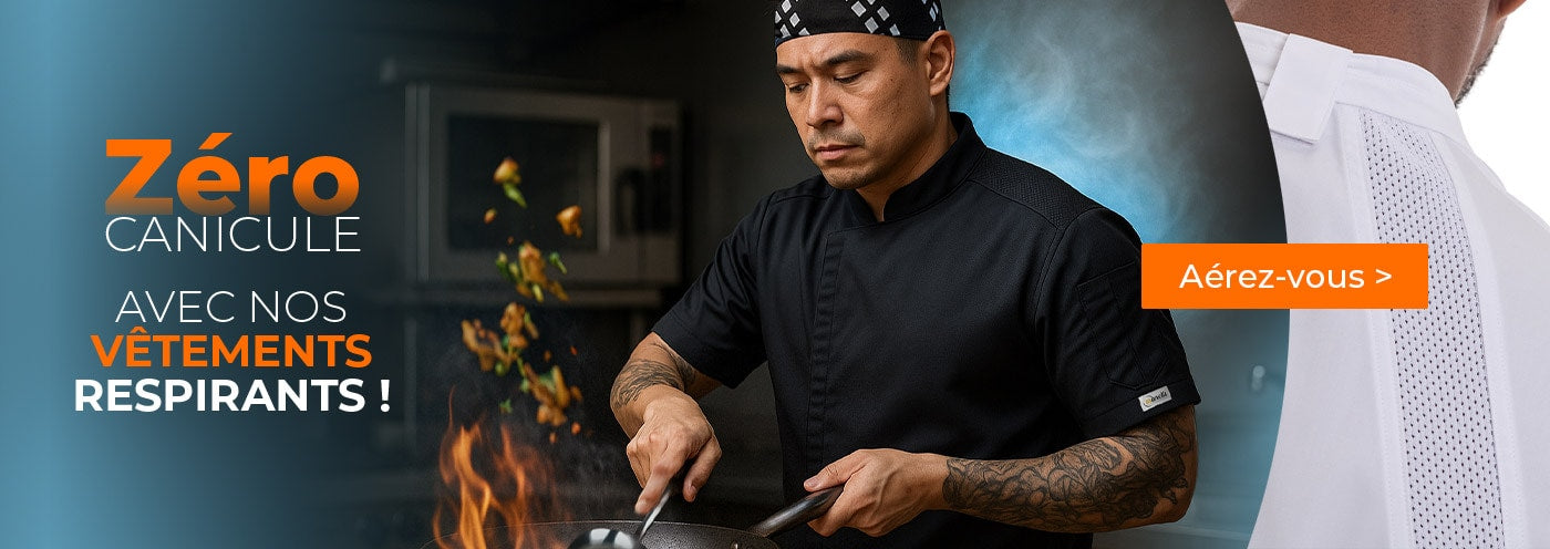 Découvrez notre sélection de vêtements de cuisine légers et respirants : vestes de cuisine, pantalons, t-shirts et chaussures conçus pour travailler confortablement même pendant les fortes chaleurs.