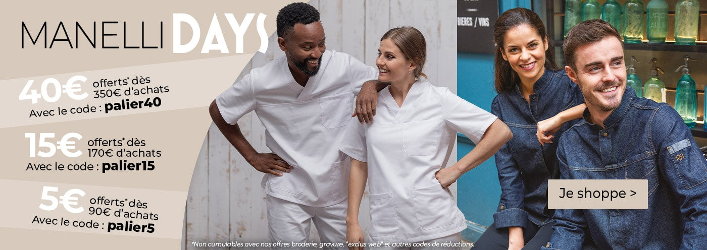 Jusqu’à 40€ offerts sur vos achats pros ! Cuisine, workwear et médical, choisissez vos vêtements pros !