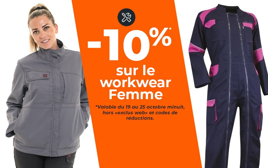 Cette semaine, profitez de -10 % sur les vêtements de travail femme, les combinaisons et les salopettes.