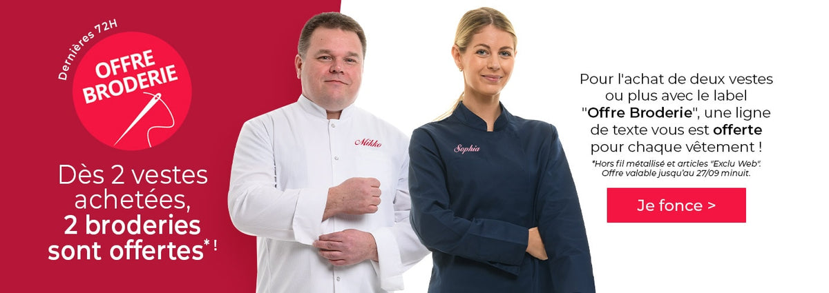 Achetez 2 vestes de cuisines et obtenez 2 broderies, gratuites, 1 ligne de texte par vêtement !