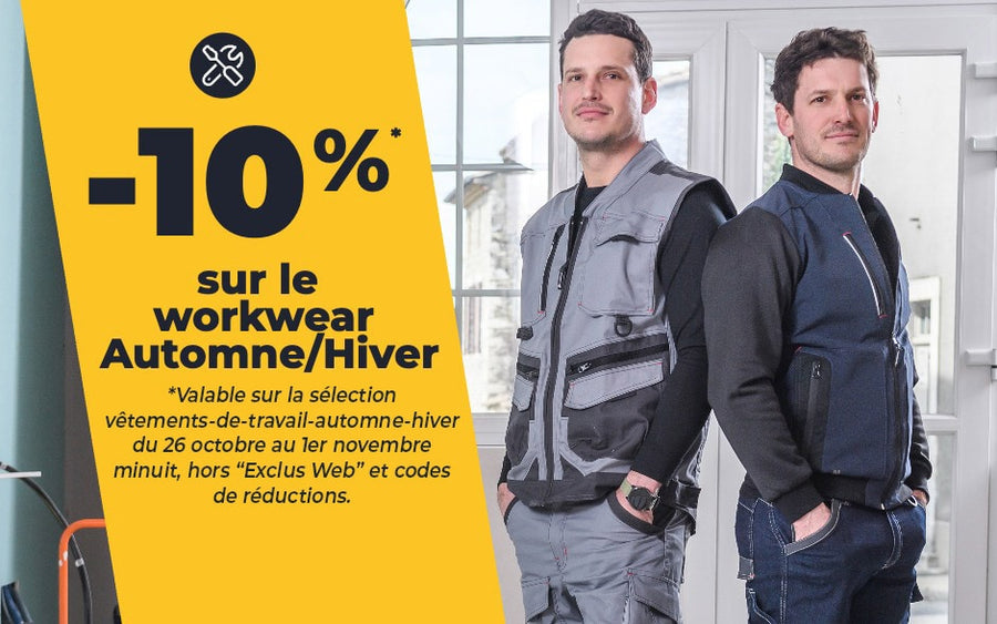 -10% sur le workwear Automne/Hiver du 26 octobre au 1er novembre  minuit, hors «exclus web» et codes de réductions.