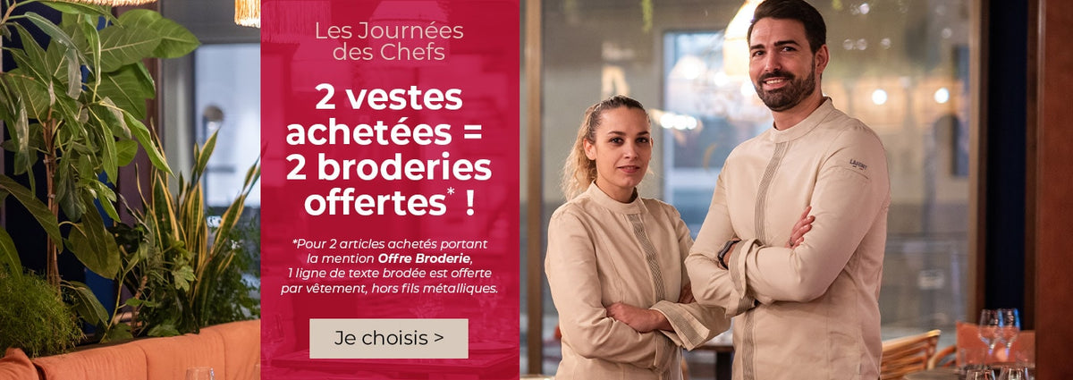Achetez 2 vestes de cuisines et obtenez 2 broderies, gratuites, 1 ligne de texte par vêtement !