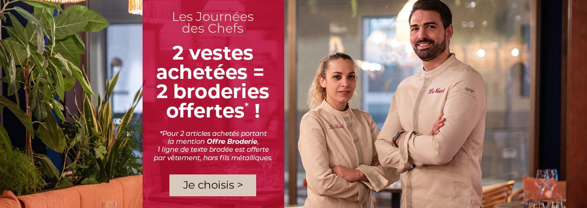 Achetez 2 vestes de cuisines et obtenez 2 broderies, gratuites, 1 ligne de texte par vêtement !