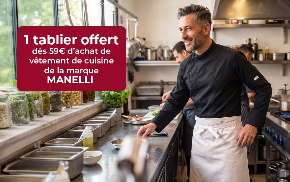 1 tablier offert dès 59€ d'achat de vêtement de cuisine Manelli