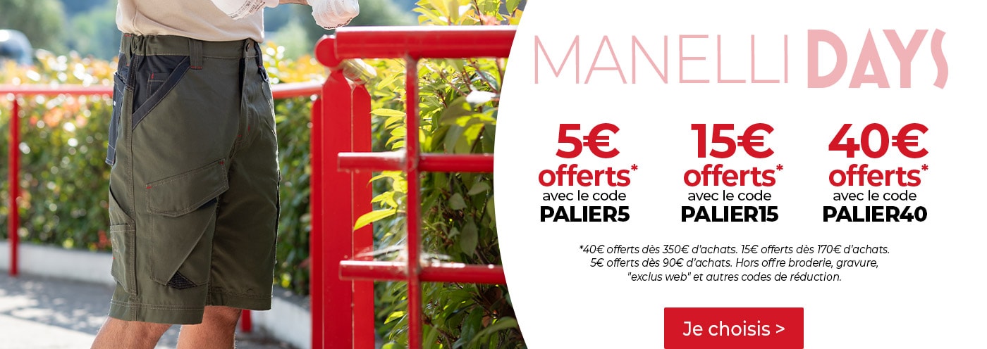 Jusqu’à 40€ offerts sur vos achats pros, équipez-vous en vêtements de travail ou chaussures de sécurité chez Manelli !