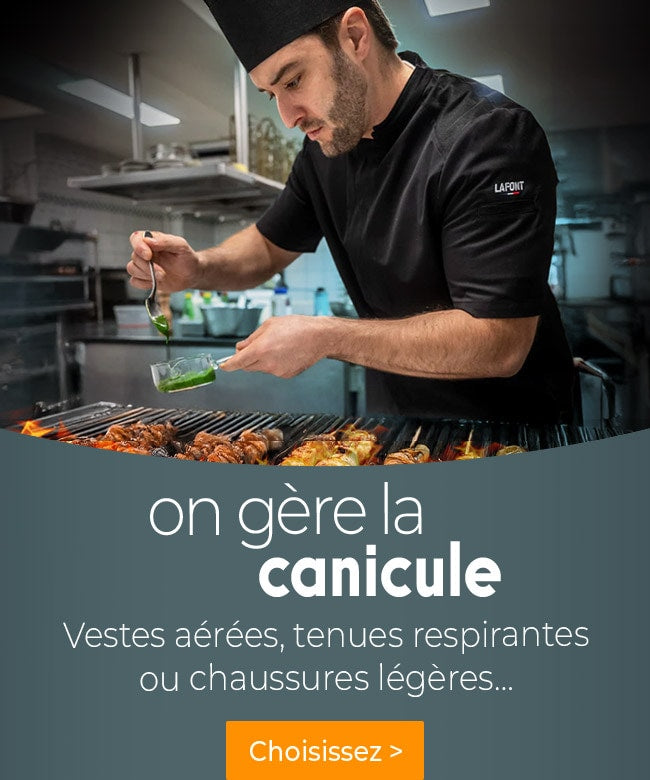 Découvrez notre sélection de vêtements légers et respirants : vestes de cuisine, pantalons, t-shirts et chaussures conçus pour travailler confortablement même pendant les fortes canicules en cuisine.