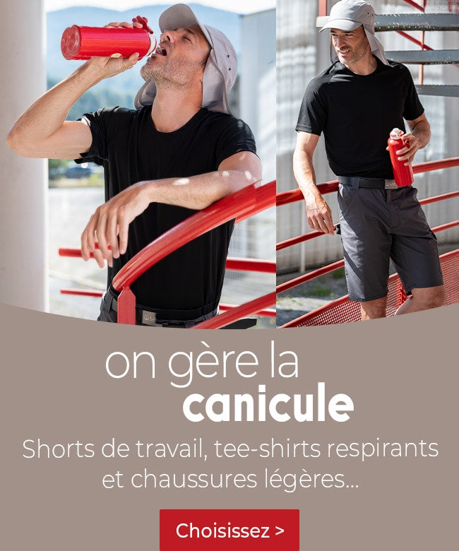 Canicule : restez au frais sur vos chantiers : Shorts de travail, tee-shirts respirants et chaussures légères pour affronter la chaleur.