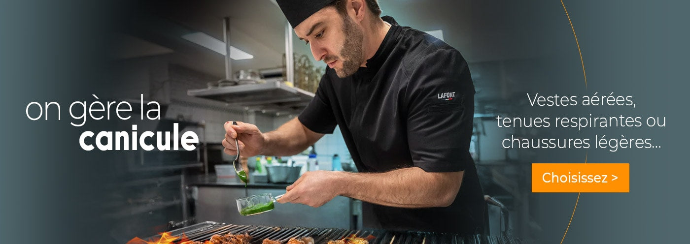 Découvrez notre sélection de vêtements légers et respirants : vestes de cuisine, pantalons, t-shirts et chaussures conçus pour travailler confortablement même pendant les fortes canicules en cuisine.