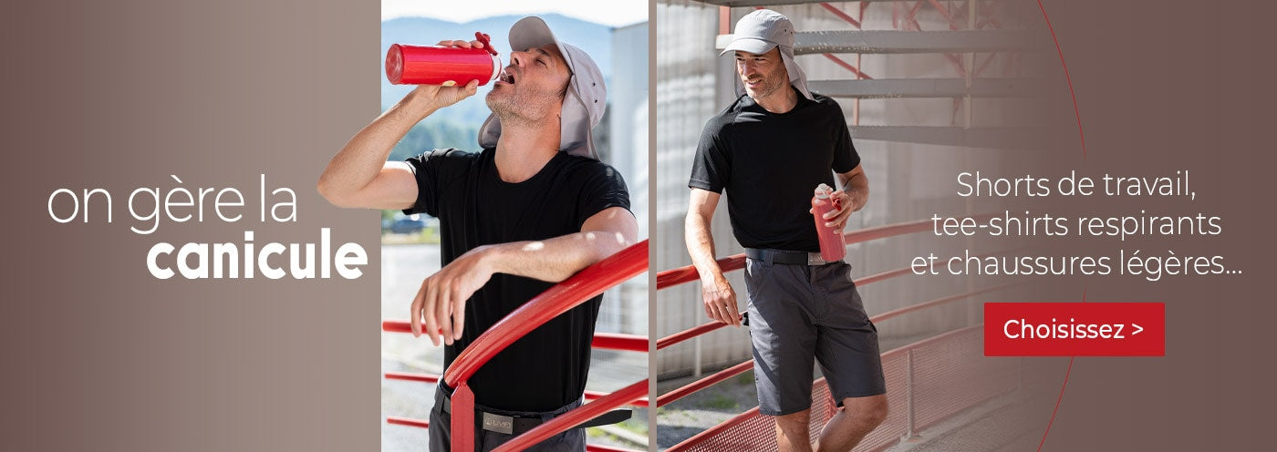 Canicule : restez au frais sur vos chantiers : Shorts de travail, tee-shirts respirants et chaussures légères pour affronter la chaleur.