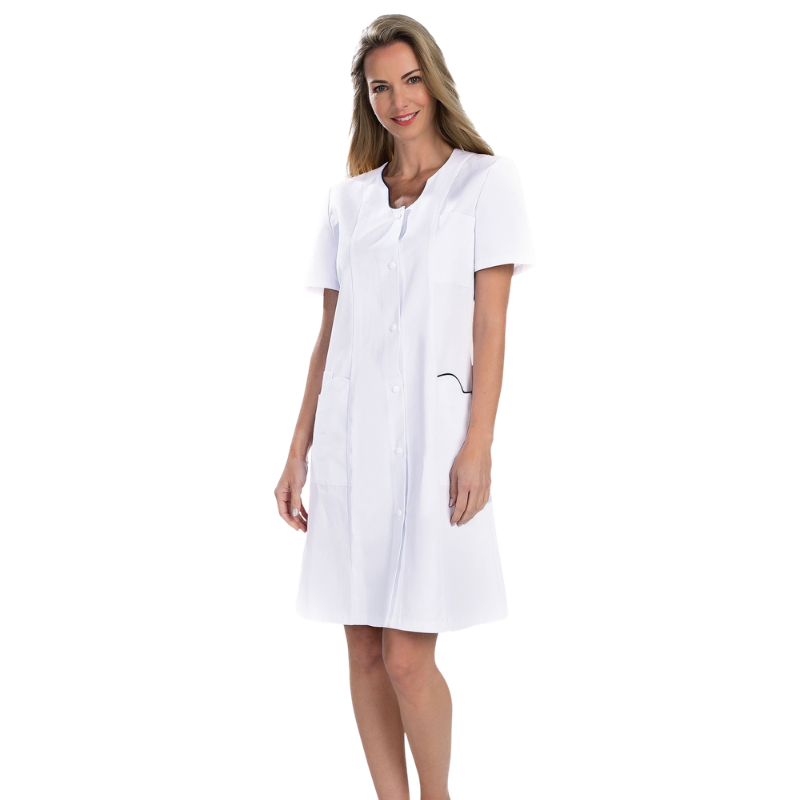 Blouse femme de chambre manches courtes ANEMONE RÉMI blanc et marine