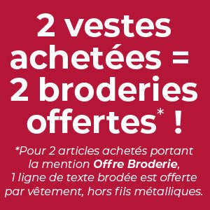 Pour 2 vestes de cuisine achetées, 2 lignes de texte brodées sont offertes, une pour chaque vêtement !